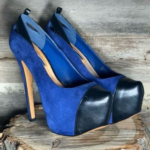 H by Halston BlueSuede with Black Leather Platform Pumps sz 6 - Picture 1 of 7